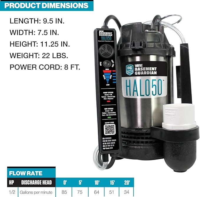 WAYNE - 1/2 HP Basement Guardian HALO50 - Up to 5,100 Gallons Per Hour - Digitally Connected Sump Pump