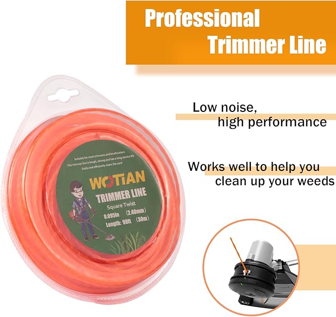 WOTIAN Weed Eater String 0.095-Inches Square Twisted Trimmer Line .095" 98ft Square Twist Weed Wacker String of Premium Nylon Compatible with Stihl Echo Grass Cordless Electric Trimmer,Orange