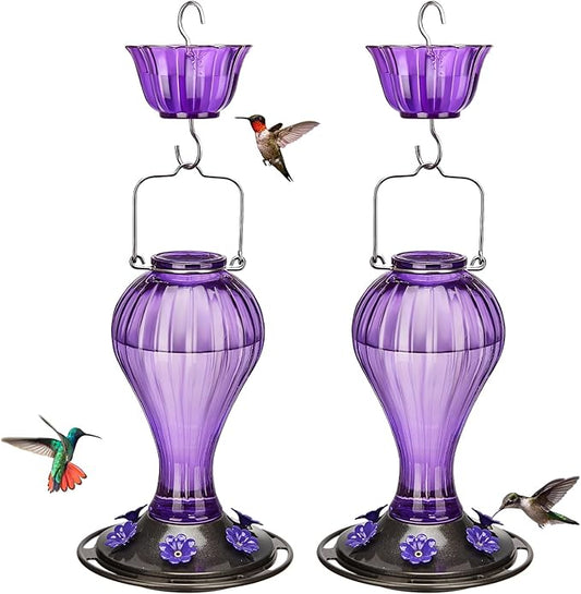 Kingsyard 2 Pack Glass Hummingbird Feeder 24 Ounces, 6 Feeding Ports, Hanging Bird Nectar Feeder for Outdoors Garden Yard Décor, Ant Moat Included, Purple