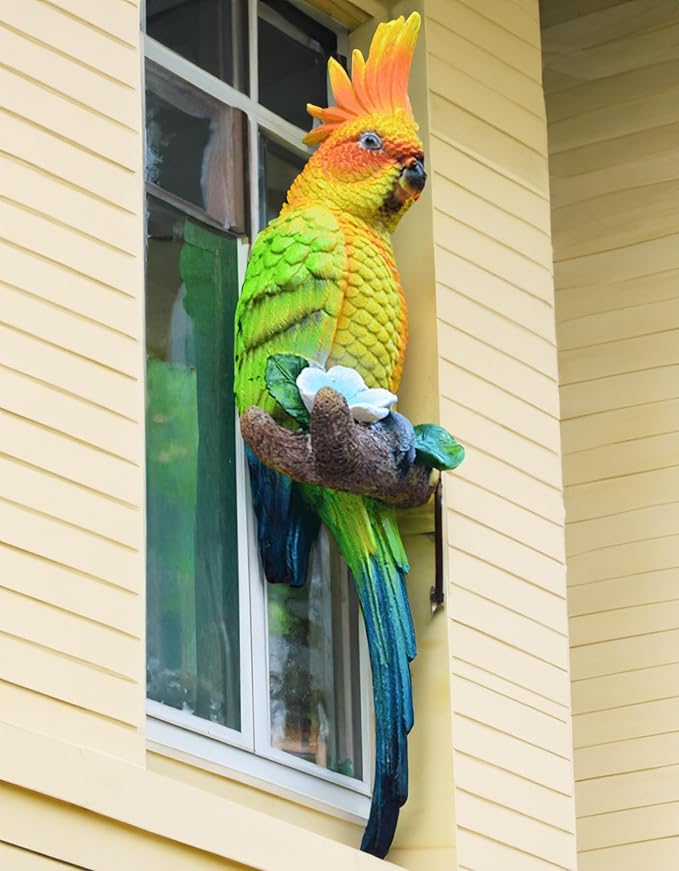 Teaeeno Resin Real Wall Bird Statue Decor,Real Parrot Sculpture Home Decor,Outdoor Indoor Figurine Ornaments-Garden Tree Sculpture,Resin Animal Statue for Garden, Terrace, Lawn, Yard