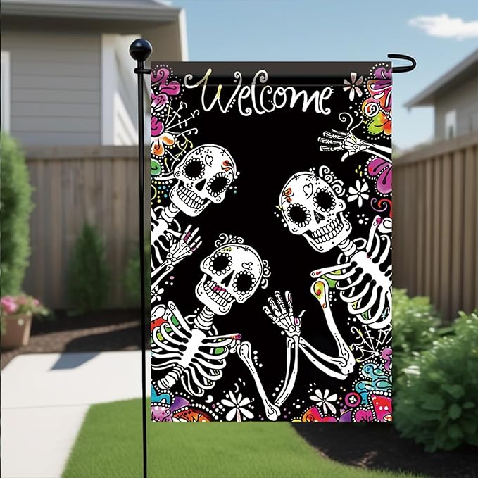 Halloween Skeleton Garden Flag 12x18 Inch Double Sided for Outside Skeletons with Flowers Yard Flag for Outdoor Holiday Home Decor