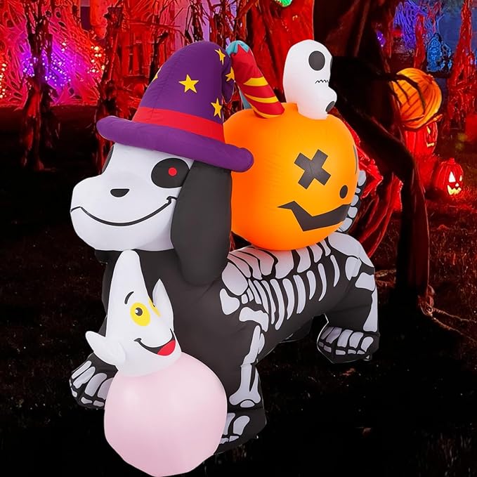 Halloween Inflatable Pumpkins & Skeleton Dog Decorations, 5FT Halloween Inflatable Outdoor Decorations, Blow up LED Lights Lighted Yard Decorations, Lawn Inflatables Home Family Outside Holiday Decor