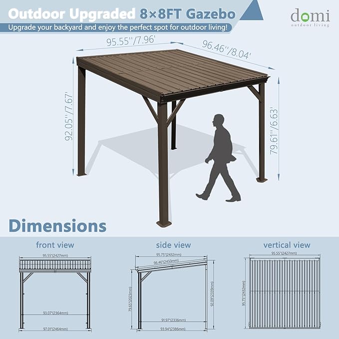 Domi 8’ x 8’ Wall-Mounted Hardtop Gazebo Pergola – Permanent Lean-to Outdoor Shelter with Sloped Galvanized Steel Roof & Upgraded Drainage – Grey Metal Patio Cover for Backyard, Deck, Garden, Brown