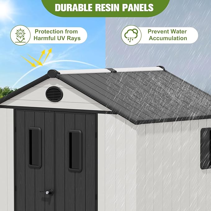 COOS BAY 8x8 Outdoor Resin Storage Shed with Floor, 2 Lockable Doors, All-Weather Durable Garden Shed for Tools & Equipment, White/Gray