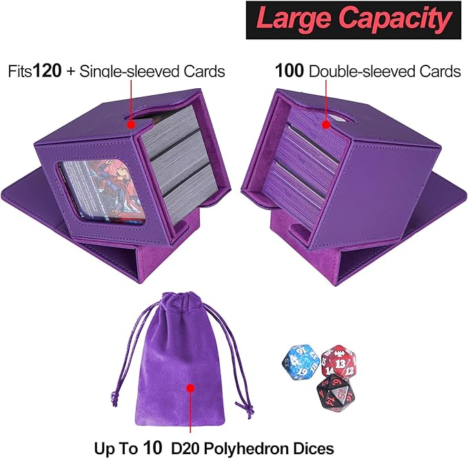 AFIING MTG Deck Box for Commander Display,Card Deck case Fits 100 Double Sleeved Cards, Magic Commander TCG Card Storage Box with 2 Dividers,Dice Bag and 1 Toploader(Purple)