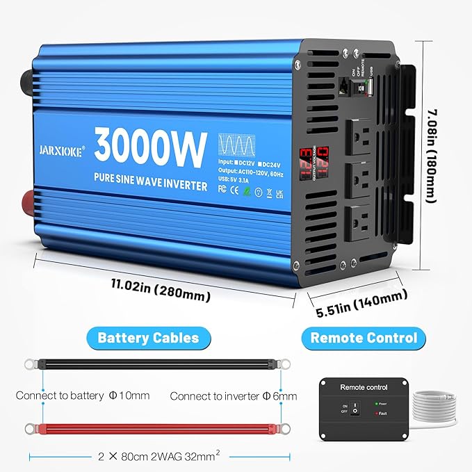 3000 Watt Pure Sine Wave Power Inverter 12V DC to 110V 120V Converter for Home, RV and Off-Grid Solar Systems with 3 AC Outlets, Dual USB Ports, LCD Display and Remote Control