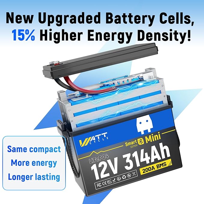 WattCycle 12V 314Ah (300Ah Equivalent) Mini LiFePO4 Lithium Battery - Bluetooth 5.0, 200A BMS, 4.01kWh Energy, Aluminum Cooling Fins & Braided Copper Wires for RV, Marine, Solar Home Storage (3 Packs)