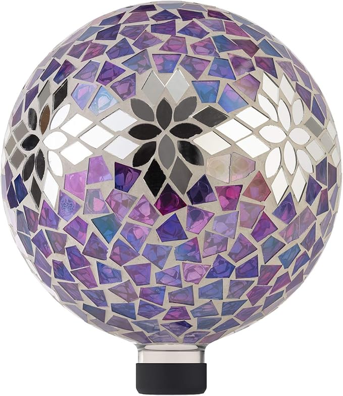 Alpine Corporation 10" Diameter Indoor/Outdoor Glass Mosaic Gazing Globe Yard Decoration, Purple Mosaic Flower Design