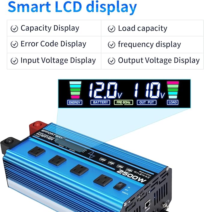 2500w Pure sine Wave Inverter DC 12V to AC 110V/120V Converter, 5000w (Peak) with LCD Display, Wireless/Wired Remote Control, 4AC outlets and 4USB.Ideal for Camping, RV Travel, Off-Grid Solar Systems