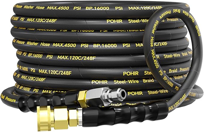 POHIR Pressure Washer Hose 25ft 4500PSI, 5/16'' Power Washer Hose Steel Wire Braided 3/8'' Swivel Quick Connect, Commercial Grade Industrial High Pressure Water Washing Hose