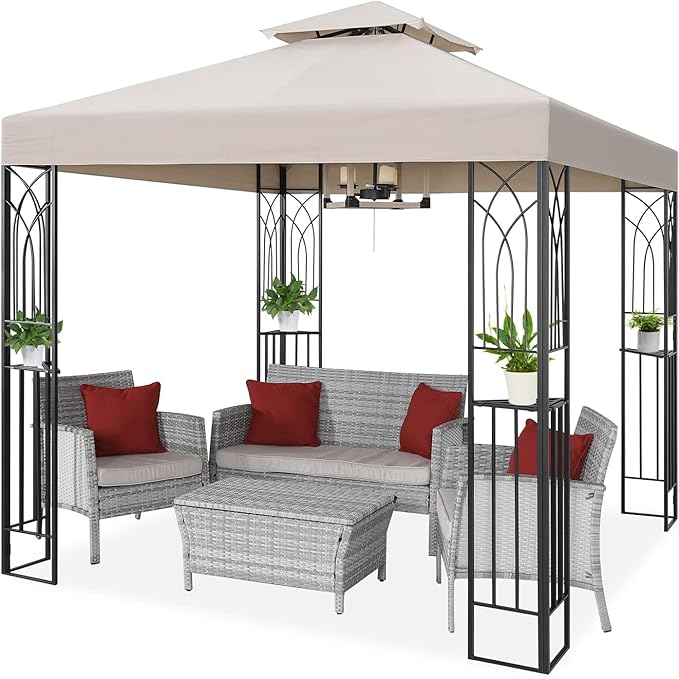 COOS BAY 8x8 Outdoor Patio Gazebo with Corner Shelves, Two-Tier Soft Top Canopy for Backyard, Lawn, Deck and Garden, Beige