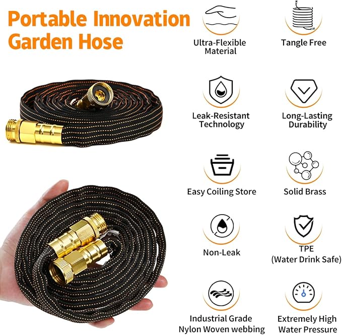 25FT Lightweight Flexible Garden Hose,Non-kink Hose,Solid Brass Fitting for Boats,RV Water Hose,Marine Washdown,Lawn,Garden,Leakproof TPE Hose(OrangeBlack,25FT)