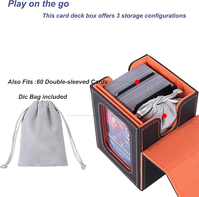 AFIING MTG Deck Box for Commander Display,Card Deck Case Fits 100 Double Sleeved Cards, Magic Commander TCG Card Storage Box with 2 Dividers,Dice Bag and 1 Toploader(Black/Orange)