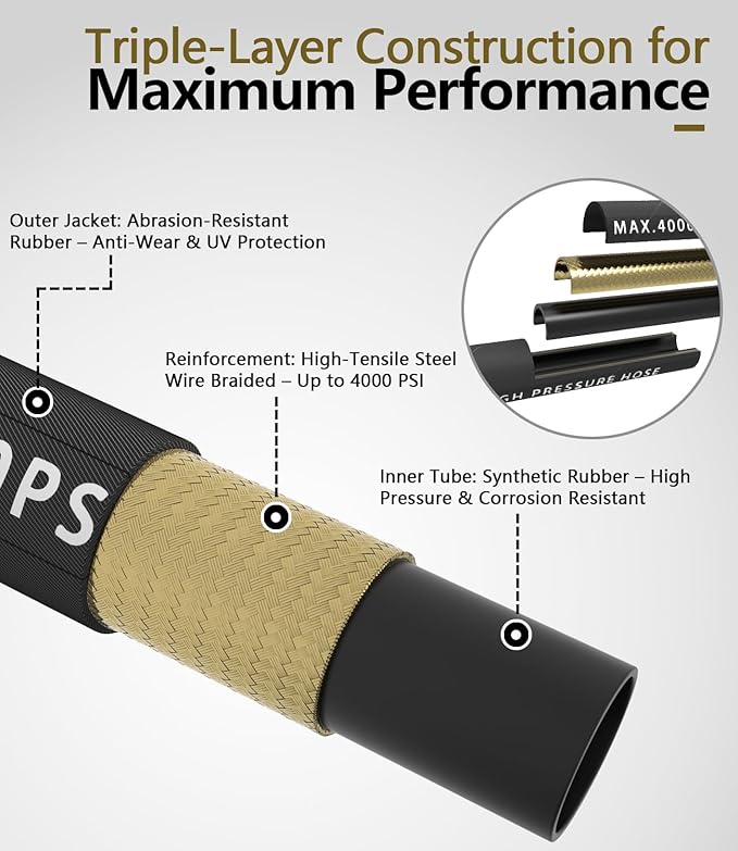 Pressure Washer Hose 50FT 4000 PSI, Kink Resistant Steel Braided Layer & NonMarking Rubber for Hot/Cold Water, High Power Washer Hose With 3/8 Inch Quick Connect & M22 Fitting, Black