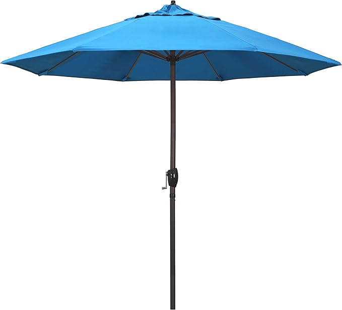 California Umbrella 9' Rd Sunbrella Aluminum Patio Umbrella, Crank Lift, Auto Tilt, Bronze Pole, Canvas Cyan Fabric