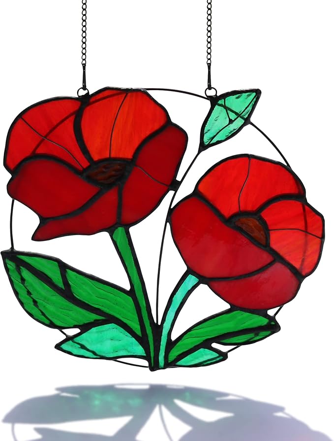 Red Flowers Stained Glass Window Hanging,Artificial Poppy Flower Suncatcher Wall Art Decor,Red Poppy Modern Artwork Hanging Decorations for Bedroom Living Room,Memorial Gift