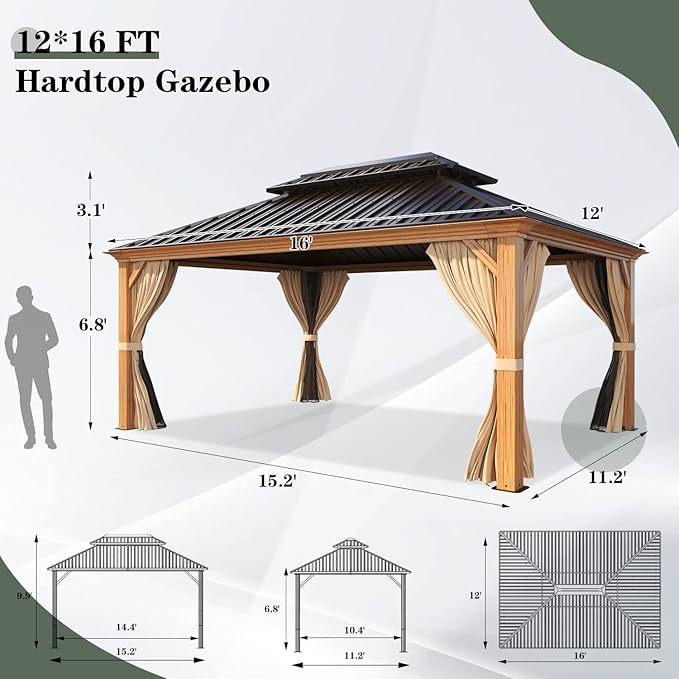YOLENY 12' x 16' Hardtop Gazebo, Wood-Looking Gazebo with Galvanized Steel Double Roof, Aluminum Frame with Netting and Curtains for Deck, Backyard, Patio and Lawns