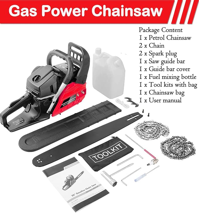 COOCHEER 62cc Gas Chainsaw 2-Cycle Cordless Chainsaw 20 Inch Handheld Chain Saw with 2 Chains & Carrying Bag for Cutting Wood Tree Trimming Farm Garden