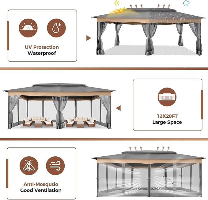 COBIZI Gazebo 12x20 Heavy Duty Gazebos with Improved Nettings Outdoor Gazebo Canopy Double Roof Patio Gazebos with Metal Steel Frame for Patio, Deck, Backyard (Gray)