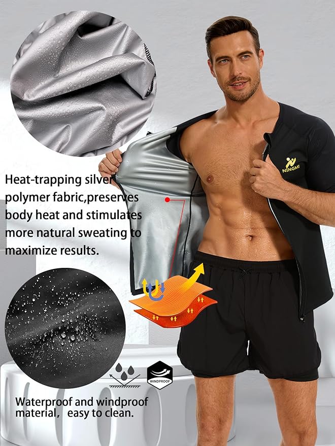 NINGMI Sauna Suit for Men Hot Sweat Suit Sauna Shirt Sweat Body Shaper Workout Neoprene Suit Zipper Short Sleeve