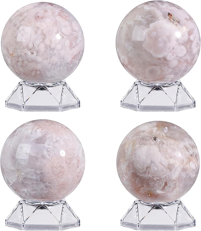 Natural Cherry Blossom Agate Crystal Ball with Acrylic Display Base, 61-70mm Polished Stone Feng Shui Crystal Sphere Meditation Decoration for Home & Office