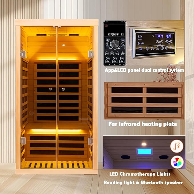 Hemlock 1 Person Infrared Sauna for Home, Luxury Personal Indoor Sauna Spa, 1420w/120v Ultra Low EMF Infrared Sauna, App&LCD Panel Controls, Bluetooth Speakers, Chromotherapy Lights, Reading