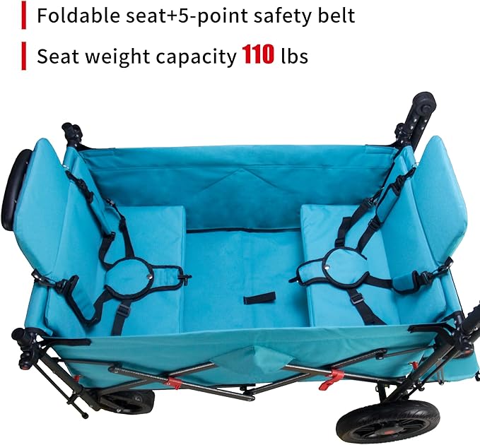 Collapsible Wagon Cart with Quick-Release Wheels & 2 Seats - Heavy-Duty Utility Wagon 265LBS Capacity for Camping, Garden, Shopping Folding Wagon (Turquoise)