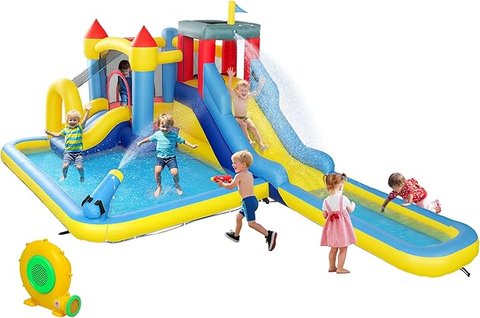 Qaba Inflatable Water Slide, Kids Bounce House Park 6 in 1 with 550W Blower, Splash Pools, 2 Slides, Trampoline, Climbing Wall, Cannon, Basketball Hoop, for Backyard, Party
