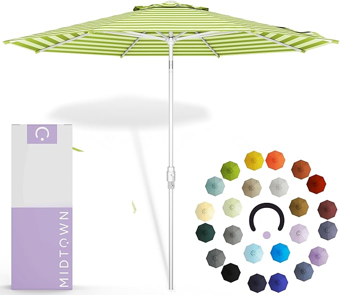 Midtown Umbrellas The Swilt 9 Feet Patio Umbrella in Terylast Pear Stripes (Green/White) Polyester Fabric - Fiberglass Ribs, Auto-Tilt Aluminum Frame For Backyard, Deck, Garden, Pool - White Pole