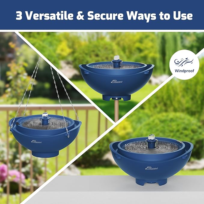 Solar Bird Bath Fountain with Battery, 3-in-1 Hanging & Freestanding Birdbath with Low-Water Protection & 3 Nozzles for Garden, Patio Decor (Deep Blue)