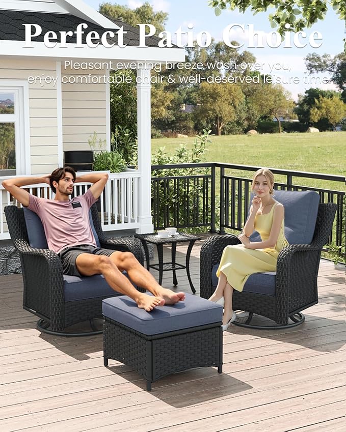 LayinSun 3 Piece Wicker Outdoor Furniture Set with 6-inch Comfy Cushions, High Back Patio Furniture Set with Swivel Rocking Chairs and Side Table