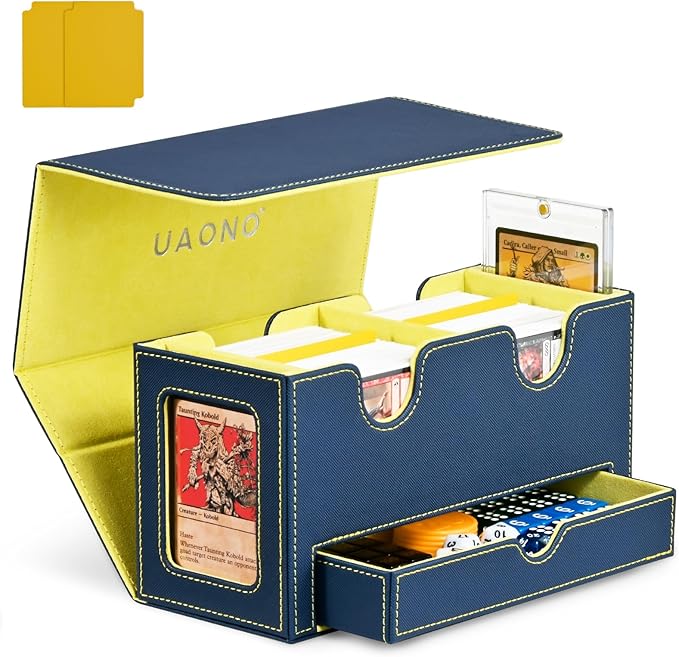 Card Deck Box for MTG, Double Deck Storage Box with 2 Commander Display & 1 Dice Tray, Fits 200+ Double Sleeved Cards, Card Organizer for CCG TCG Sports (Blue Yellow)