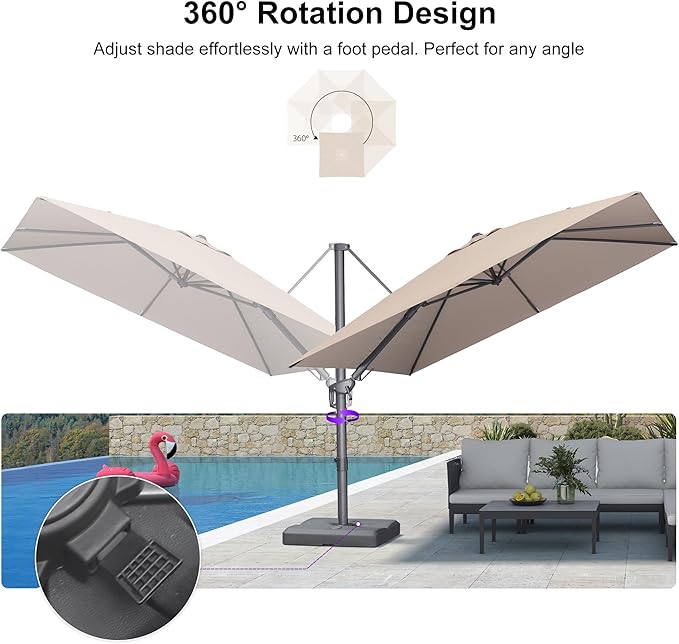 PURPLE LEAF 10' X 10' Swivel Outdoor Patio Aluminum Umbrella with Base Left-right Tilting Cantilever Offset Umbrella with UV Resistant Heavy Duty Fabric for Deck Pool Patio Backyard, Sand Dune