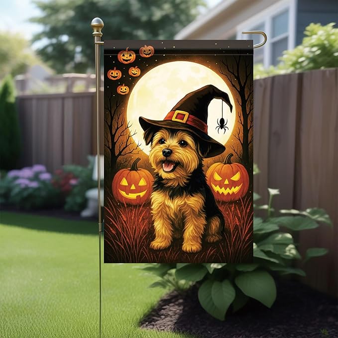 Halloween Garden Flag Yorkshire Terrier Dog Flag 12x18 Inch Double-Sided Pumpkin Witch Hat Spider Yard Banner Fall Outdoor Decoration for Porch Lawn Pathway Dog Lover Gift