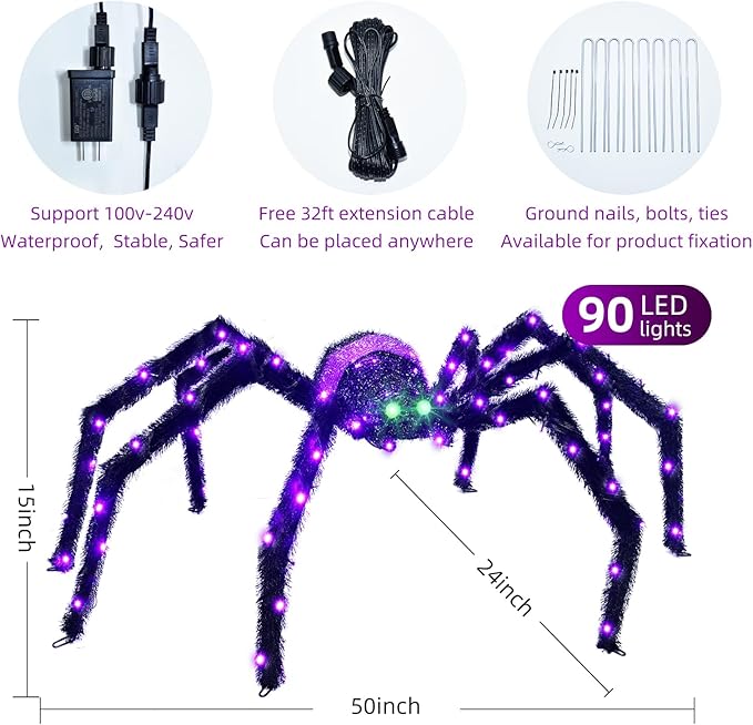 Halloween Decorations Outside Giant Spider - HOYECHI Outdoor Halloween Decor Lighted Spider 4.2FT, Light Up Spider with 90 LED Lights, Ground Stakes, for Front Yard Porch Gardens Lawns Party
