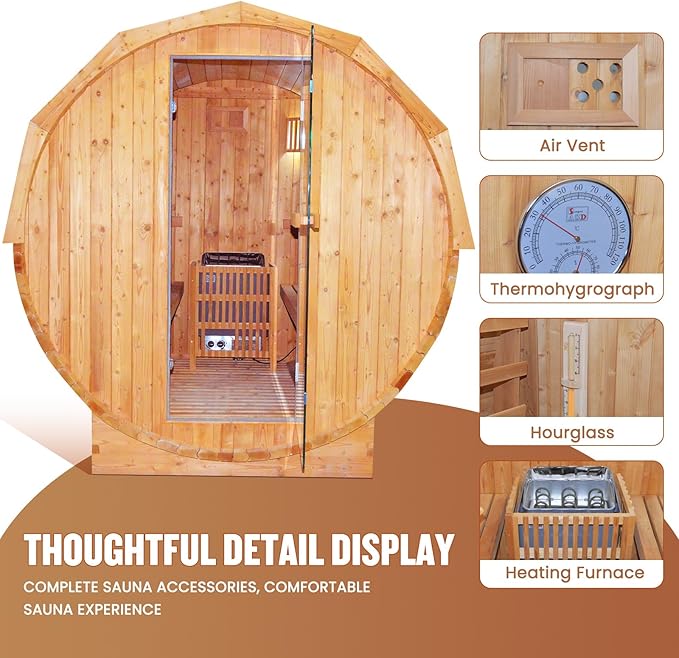 Outdoor Traditional Sauna 4-5 Person Wooden Saunas, 6’x6’Steam Wet Finnish Carbonized Spruce Wood Sauna 240V with 4.5KW Heater,Sauna Stone,Water Bucket,Ladle,LED Lights
