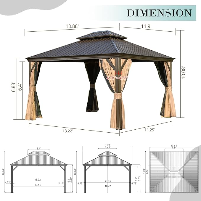 Domi 12'x14' Hardtop Gazebo with Gutters, Outdoor Aluminum Frame Canopy with Galvanized Steel Double Roof, Outdoor Permanent Metal Pavilion with Curtains and Netting for Patio, Backyard and Lawn