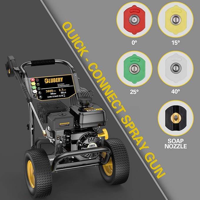 BLUBERY Gas Pressure Washer, 3600 PSI Pressure Washer，2.7 GPM Heavy Duty Power Washer, 30 feet Pressure Hose&Soap Tank,4-Stroke OHV 212cc Engine,Portable Industrial Style,Black