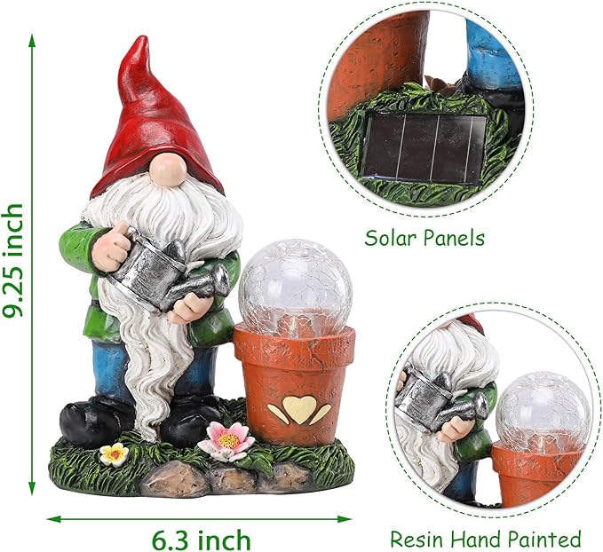 Garden Gnome Statue, Resin Pots with Crack Ball Gnome Figurine with Solar Lights for Porch Patio Yard Outdoor Decor