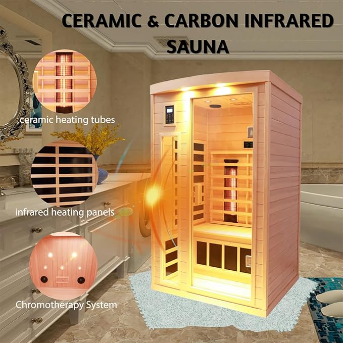 Ceramic 2 Person Infrared Sauna, Far Infrared Sauna for Home, Hemlock Wood Saunas Room, 2 in 1 Indoor Sauna with Low EMF Heaters + Ceramic Heating Cubes-Chromotherapy-Bluetooth Speaker