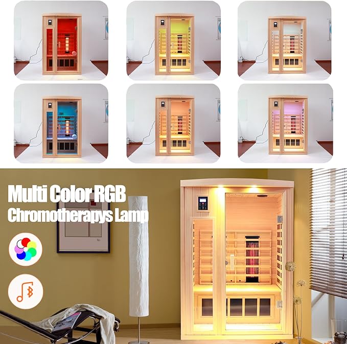 Ceramic 2 Person Infrared Sauna, Far Infrared Sauna for Home, Hemlock Wood Saunas Room, 2 in 1 Indoor Sauna with Low EMF Heaters + Ceramic Heating Cubes-Chromotherapy-Bluetooth Speaker