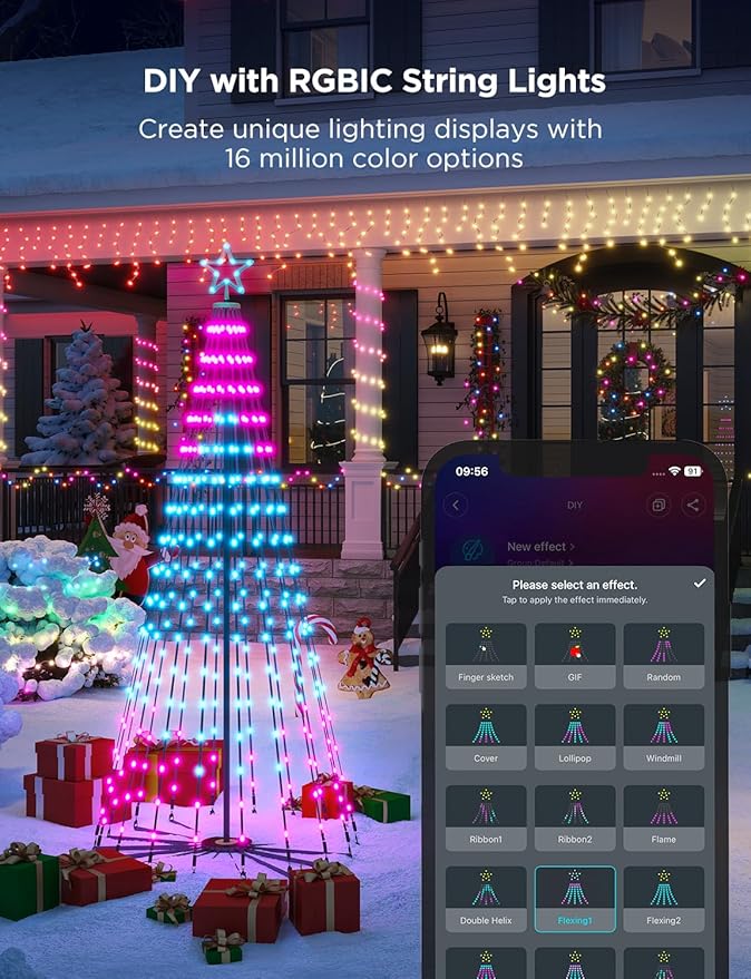 Govee Christmas Cone Tree Lights, 6ft 316 LEDs RGBIC Christmas Tree Lights with Smart App Control, IP67 Waterproof Outdoor String Lights for Xmas Decorations, 82+ Scene Modes, Music Sync, Black Stand