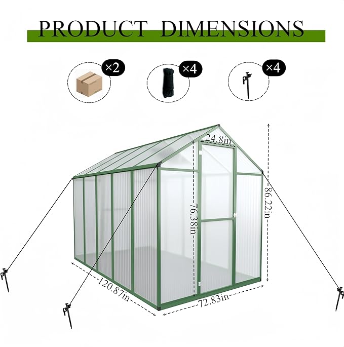72*96in Greenhouse for Outdoors, Polycarbonate Greenhouse with Stronger Wind Protection and Roof Vent, Walk-in Large Aluminum Sunroom Winter Proof, Green