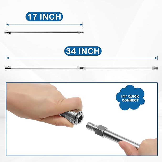 PWACCS Pressure Washer Wand Extension Kit — Dual Stainless Steel Power Washer Lance for Pressure Washing Accessories — M22 to 1/4" Quick Connect — 17 Inch Both