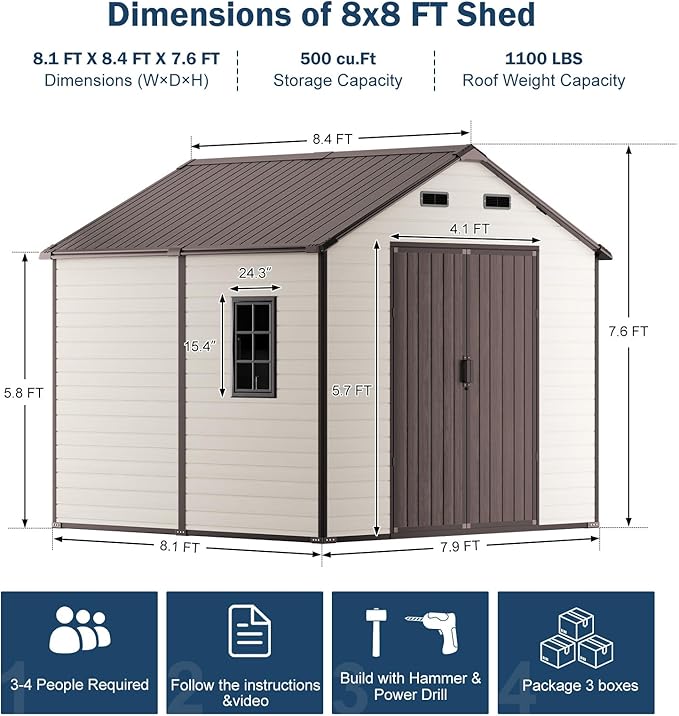 8x8 FT Resin Storage Sheds with Floor and Openable Windows, Large Waterproof Outdoor Plastic Garden Sheds with Base for Backyard Patio Lawn Big Tools Storage, Gray