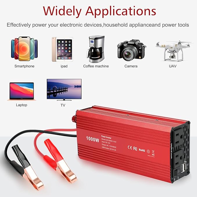 Fancy Buying 1000W/2000W(Peak) Power Inverter for Vehicles, DC 12V to 110V AC Converter with Dual AC Outlets and Dual USB Car Charger for Car Laptop Computer
