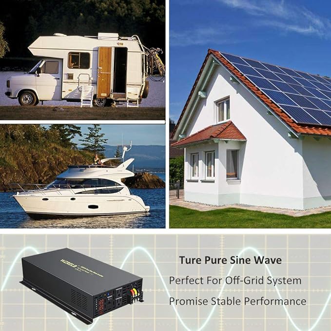 WZRELB 5000W 12VDC 120VAC Pure Sine Wave Power Inverter, 2 AC Outlets, Wired Remote Control, RV (RBP-500012WR)