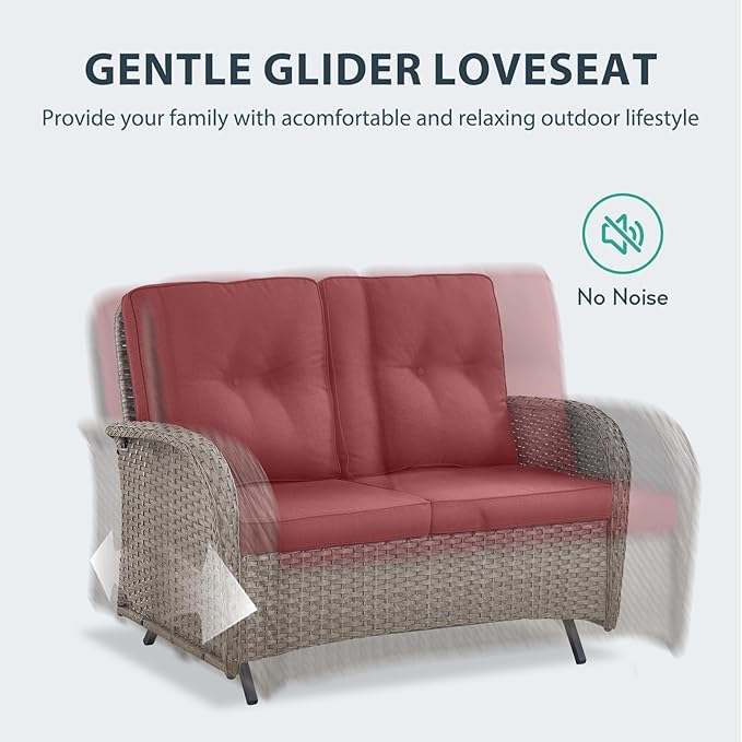 7 Piece Patio Furniture Set - Wicker Patio Conversation Set with Swivel Glider, Glider Loveseat, Tempered Glass Side Table and 2 Ottomans for Deck Backyard - Grey Wicker Red Cushion