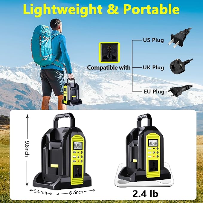 Power Inverter for Ryobi 40V Battery, 350W 2-Port Battery Converter DC 40V to AC 120V, Portable Generators with LED Light, 6 Output Ports, LCD Display for RV Camping, Emergency, Power Outages