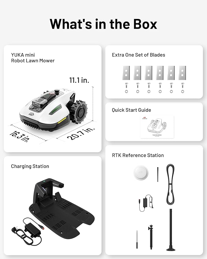 Mammotion YUKA Mini 500H Robotic Lawn Mower with Replacement Blades, Reception 0.12 Acre,Max. 0.25 Acre, UltraSense AI Vision & RTK Auto-Mapping, 50% Slope, Cutting Height 2''~3.5'', 15 Mowing Zones